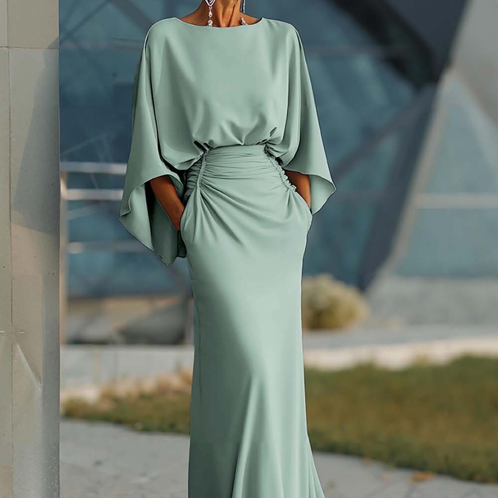 Silver Mermaid Boat Neck Long Mother Of The Bride Dress With Pockets